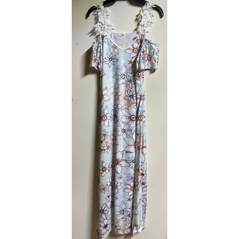 Women's Cut Out Shoulder Sundress Floral Long Size Large White Lace Short Sleeve